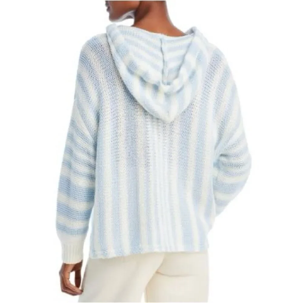 Vintage Havana Blue & White Striped Hooded Knit Sweater with Pink Script